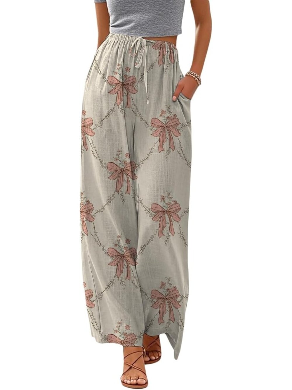 〽️Women Wide Leg Pants Beige Polyester Drawstring Summer comfortable Drawstring